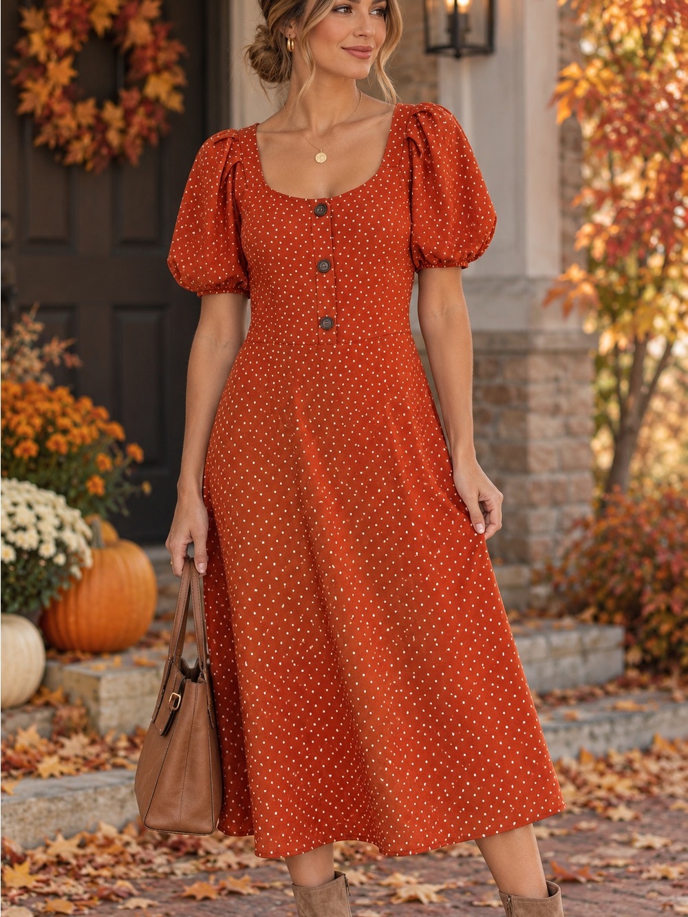 Monteau Rust Polka Dot Puff Sleeve Midi Dress Size Small